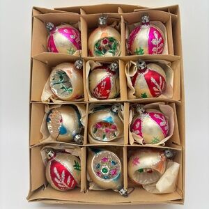 12 Vintage Santa Land Small Christmas Ornaments Hand Blown & Decorated